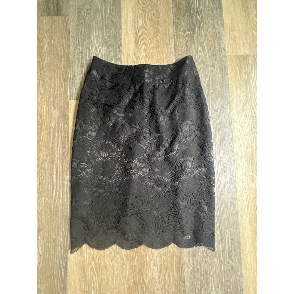 Banana Republic Lace Pencil Skirt Womens 2 Black Excellent‎ Scalloped Hem Lined